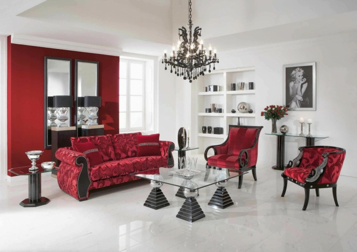 rote sofas luxuriöses wohnzimmer gläserner couchtisch