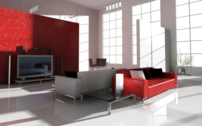 rote sofas wohnzimmer rote akzentwand gläserner couchtisch
