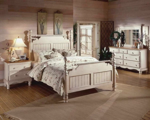 schlafzimmer design vintage einerichtungsstil teppich holzfliesen