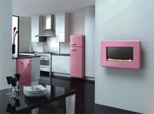 smeg kühlschrank minimalistisch küche rosa glanz