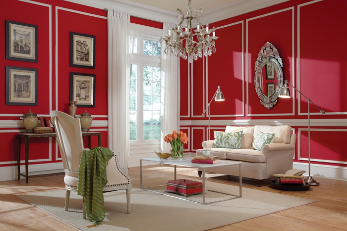 streichen ideen wohnzimmer rote wände beige möbelstücke