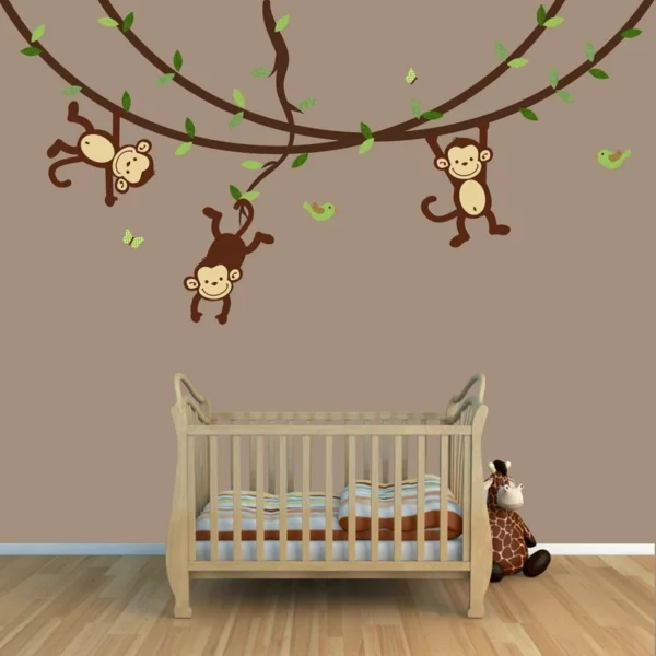 wandgestaltung babyzimmer affen zweige holzboden