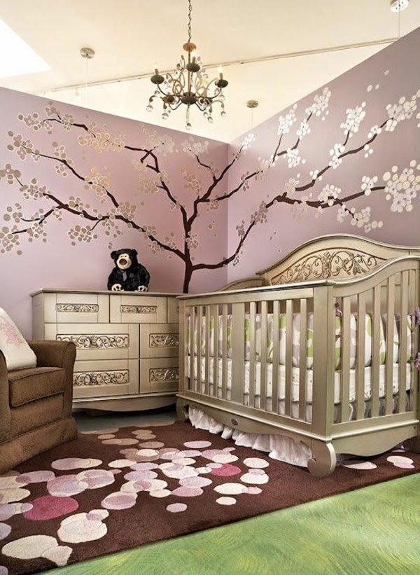 wandgestaltung babyzimmer teppich toller leuchter elegante möbelstücke