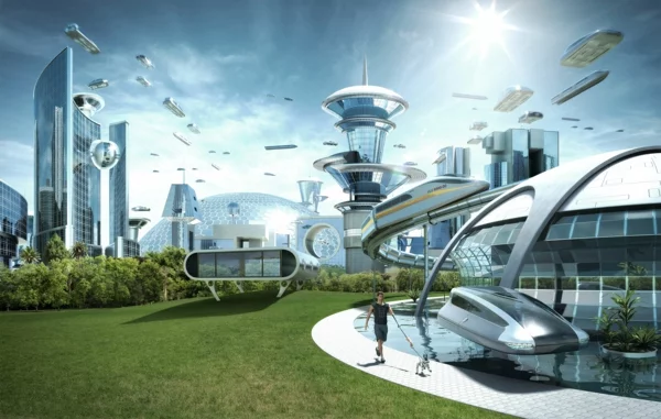 zeitgenössische kunst architektur fliegende autos sonnenenergie