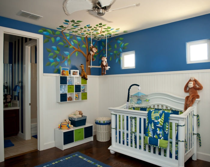 babyzimmer gestalten blauer teppich wandgestaltung weiß blau