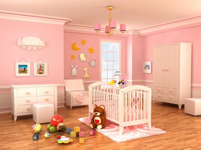 kinderzimmergestaltung babyzimmer rosa wandgestaltung weiße kindermöbel spielzeuge