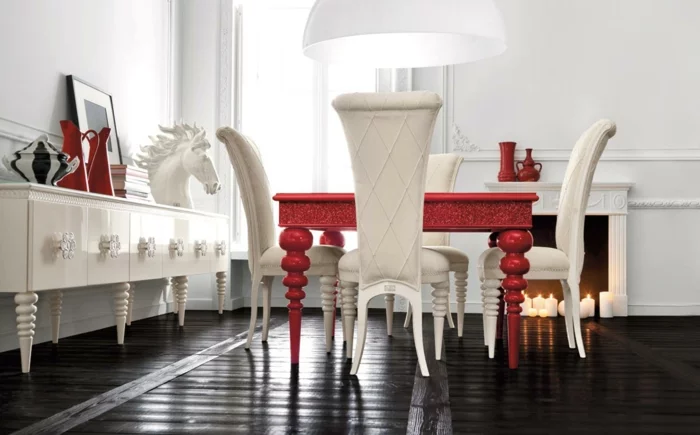 esszimmermöbel modern weiß rot kombinieren schwarzer boden