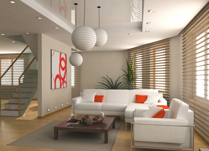 feng shui farben offener wohnplan weiße couch orangefarbene kissen