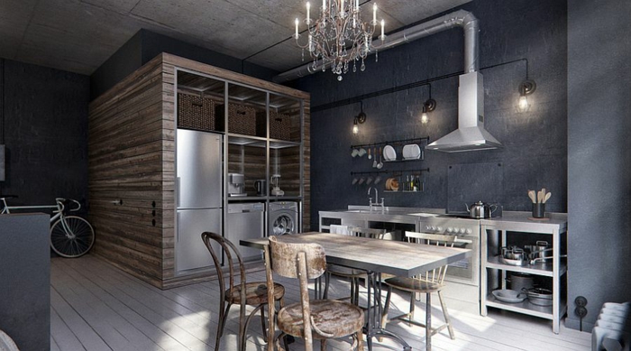 kücheneinrichtung grau rustikale elemente cooler kronleuchter