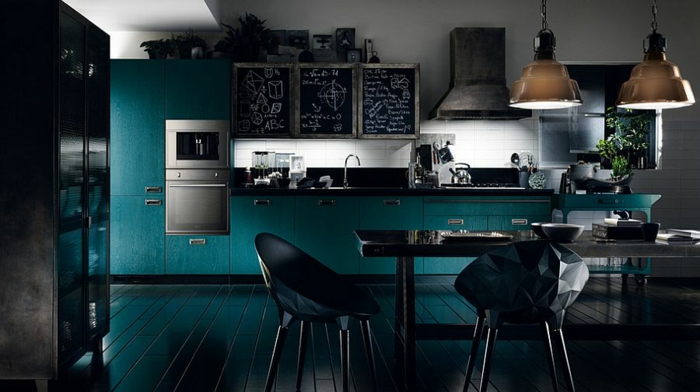 küchendesign dunkles interieur schwarz grün industriell