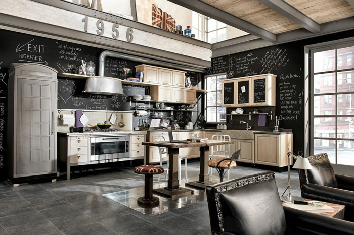 kücheneinrichtung industriell farbkontrast schwarz beige