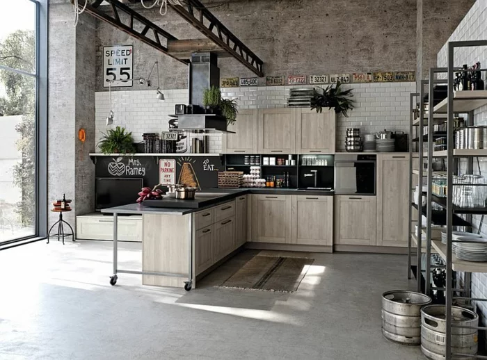 kücheneinrichtung industrieller stil geräumig grau beige