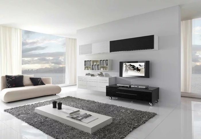 modern einrichten wohnzimmer panoramafenster teppich