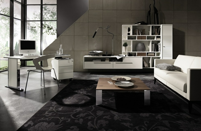 moderne wohnzimmermöbel helles design dunkelgrauer floraler teppich