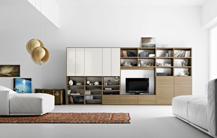 moderne wohnzimmermöbel weiß wohnwand pendelleuchten