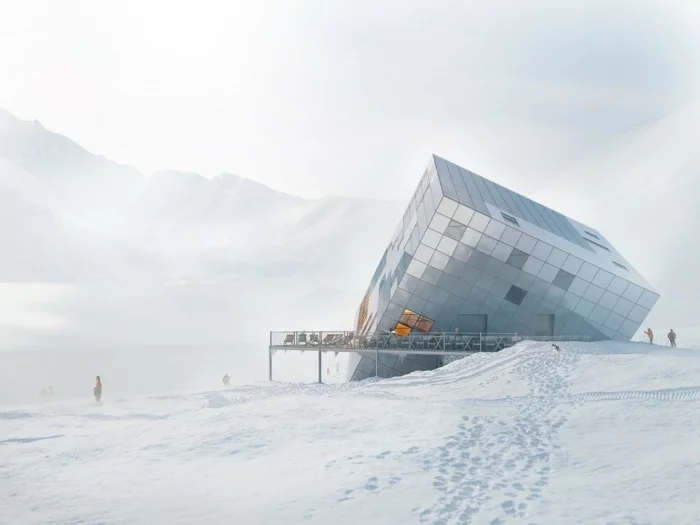 nullenergiehaus qubistisch hotel schnee bergen