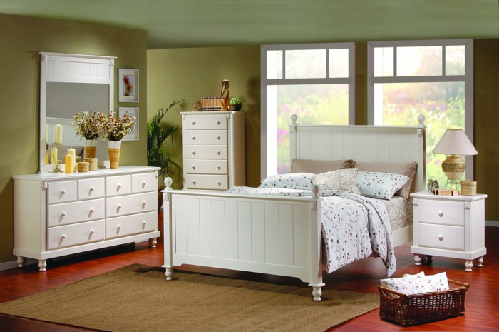 schlaf gut schlafzimmer gestalten grüne wandfarbe weiße möbel
