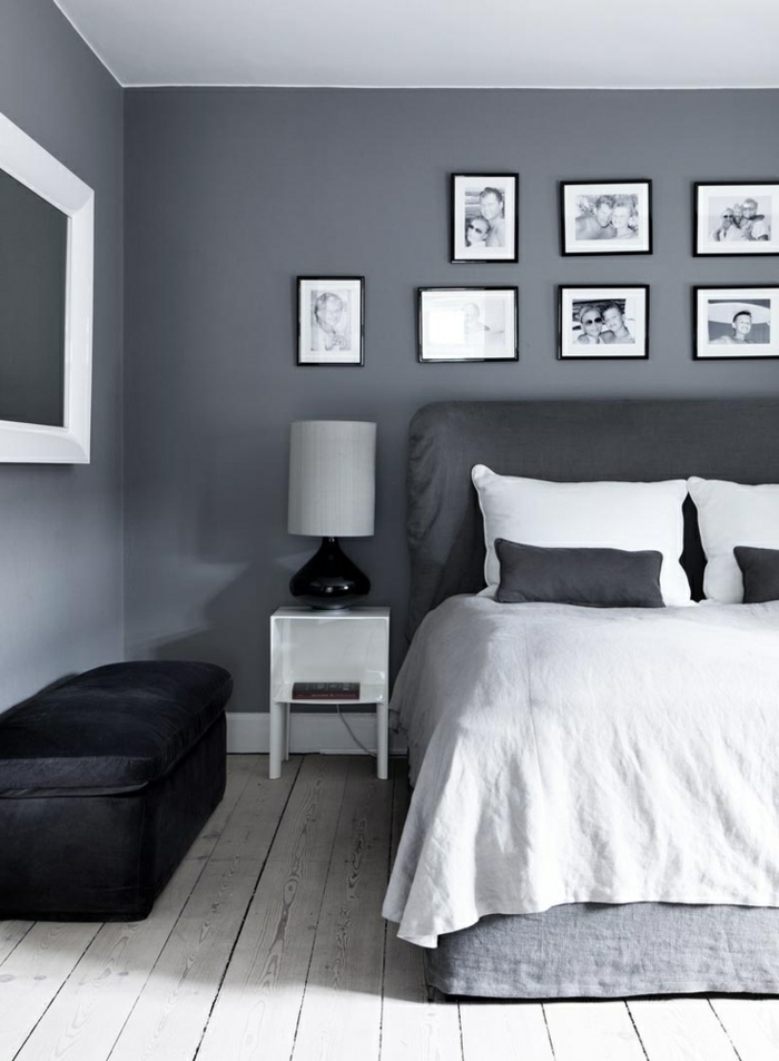 schlafzimmer einrichten weiß schwarz grau holzboden