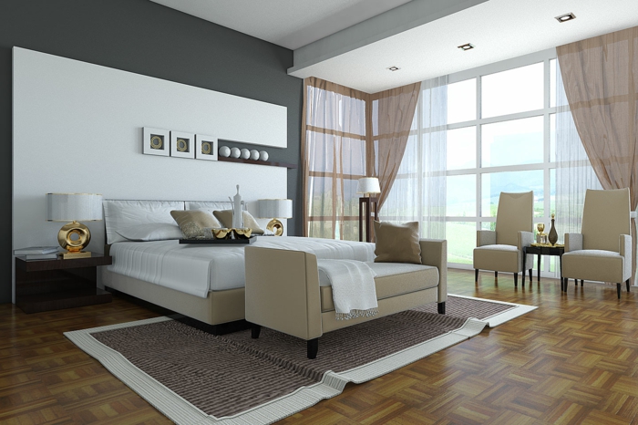 schlafzimmermöbel elegant beige teppich sessel gardinen