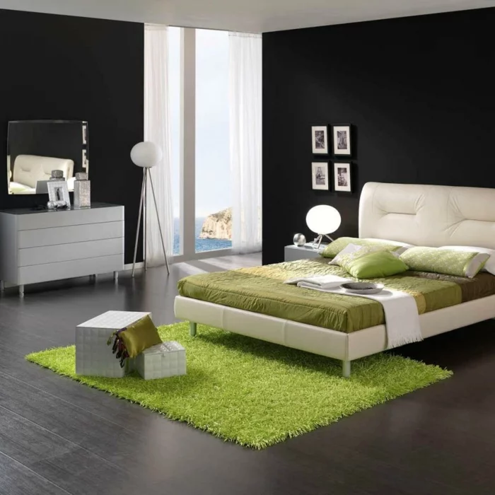 schlafzimmermöbel grüner teppich graue bodenfliesen kommode
