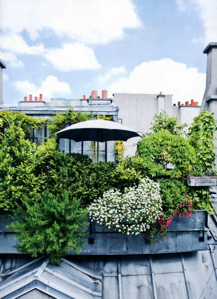 terrassengestaltung viele pflazen sonnenschirm exterieur ideen