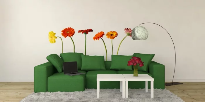 wandtattoos wohnzimmerwände verschönern farbige blumen grünes sofa
