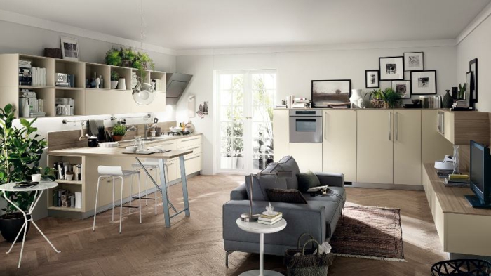 wohnzimmer design kombination mit küche graues sofa