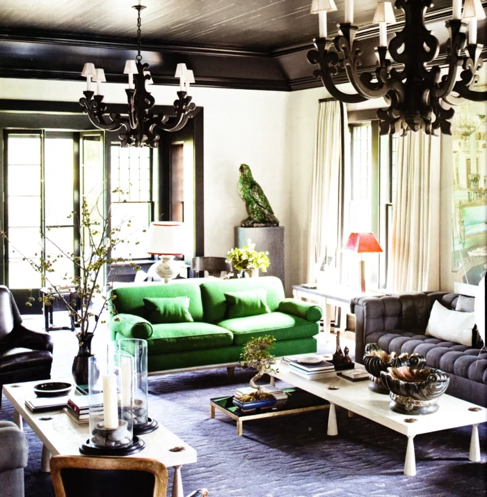 wohnzimmereinrichtung grünes sofa cooler couchtisch leuchter