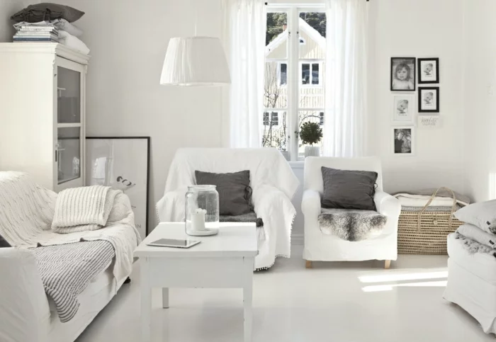 wohnzimmereinrichtung ideen skandinavischer stil weiß möbel