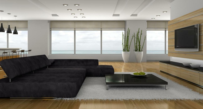 wohnzimmer einrichten tolles schwarze sofa panoramafenster