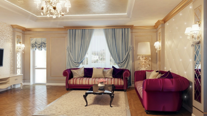 wohnzimmereinrichtungen farbige möbel luxuriöse gardinen tolle beleuchtung