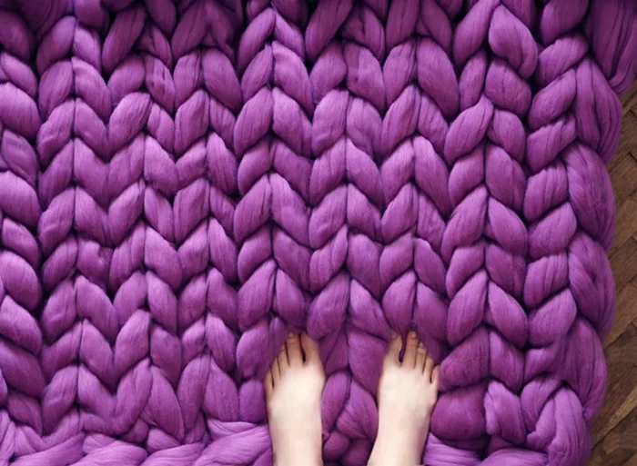 wolldecken strickarbeit teppich lila