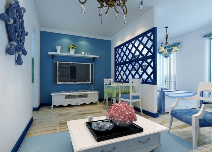 zimmerfarben ideen kleines wohnzimmer blau weiß mediterranisch