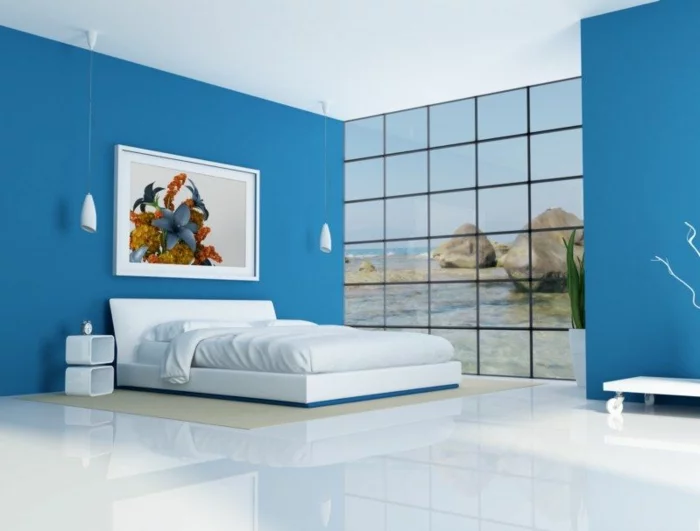 zimmerfarben ideen schlafzimmer blau pendelleuchten
