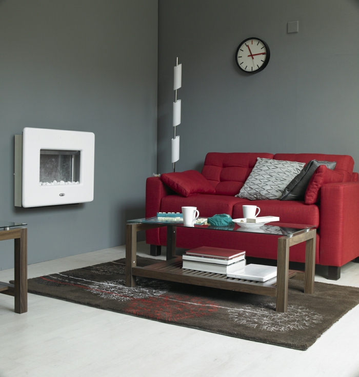 zimmerfarben rotes sofa helllgraue wände wohnzimmer