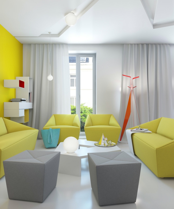 zimmerfarben wohnzimmer gelbe akzetwand ausgefallene möbel