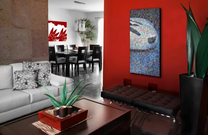 zimmerfarben wohnzimmer rote akzentwand weißes sofa