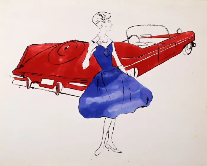 erste Kunstwerke aus den 50gern Andy Warhol elegante Frau vor einem schicken roten Sportwagen