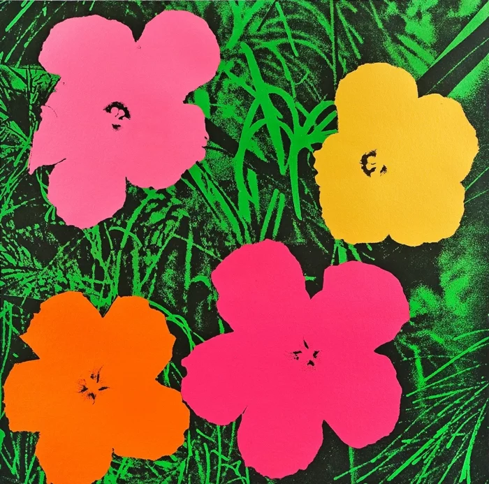 Andy Warhol berühmte Werke Siebdruck farbige Blumen im Gras 