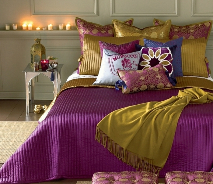 Schlafzimmer Design industrie teppich marokko olive grün lila