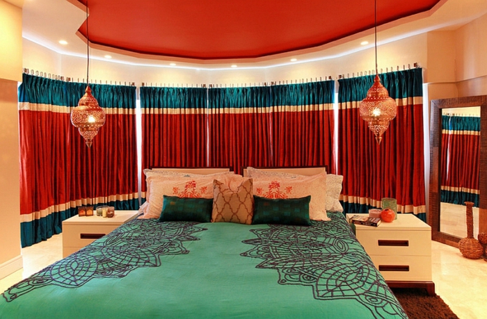 Schlafzimmer Design rot petrol grün