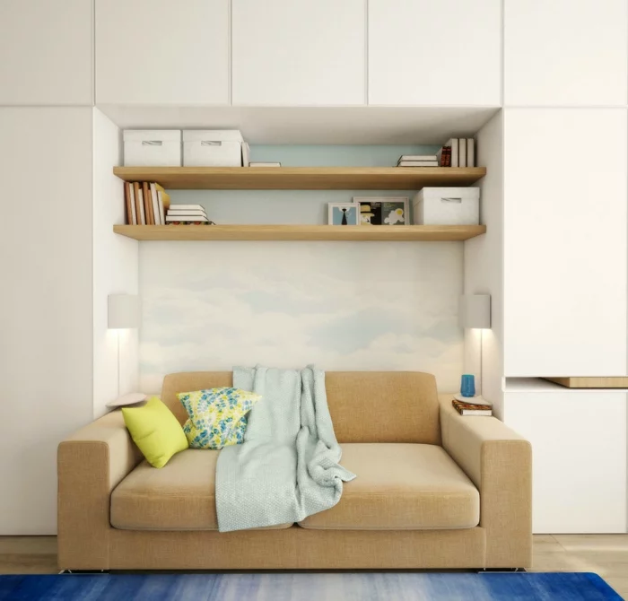 wandregale wohnzimmer hölzern minimalistisch sofa teppich