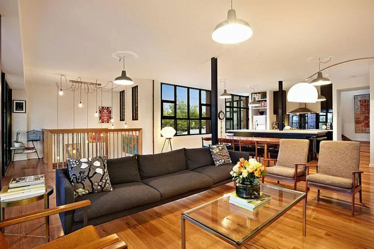 einrichtungstipps wohnzimmer industrial style möbel holzboden wohnung Melbourne