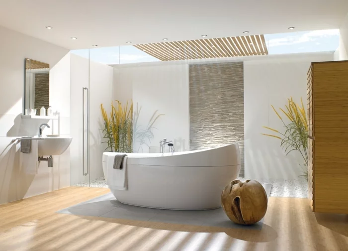 entspannung pur badezimmer naturdeko ovale badewanne freistehend
