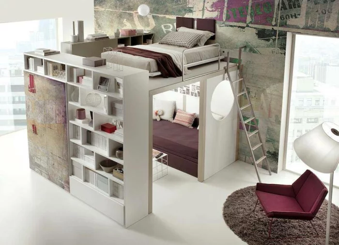 kleine wohnung einrichten hochbett leiter wohnwand regale couch