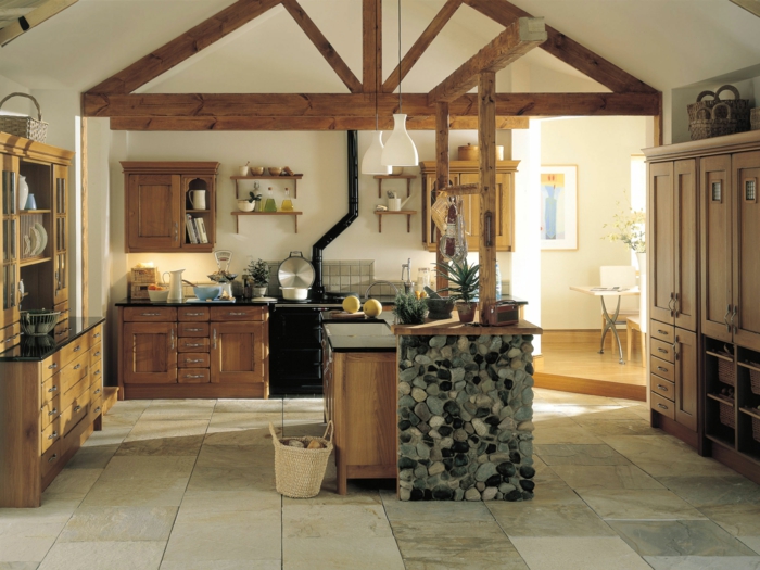 küchen im landhausstil kücheninsel steine bodenfliesen