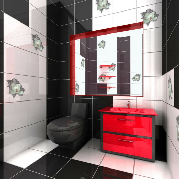moderne badmöbel rotes waschbecken ausgefallene regale