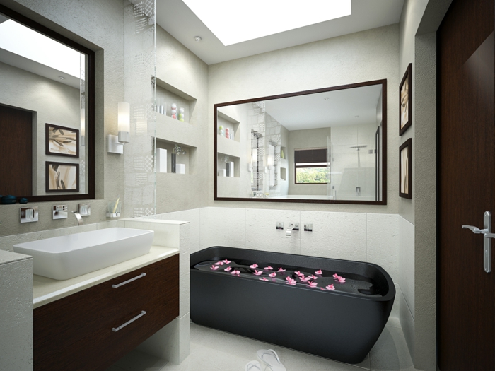 moderne badmöbel schwarze badewanne weiße badfliesen