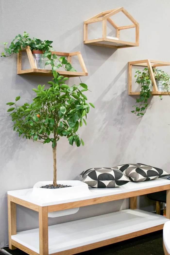 moderne gartenmöbel set holz wandregale pflanzen