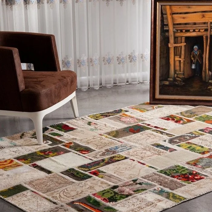 patchwork teppich bunte stücke zusammennähen wohnzimmer möbel